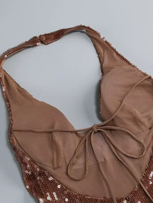 Robe de soirée longue à sequins scintillants pour femme - Robe moulante marron dos nu - Soirée de gala d'été 2026