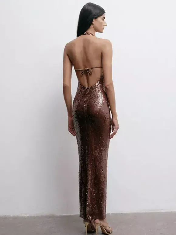 Robe de soirée longue à sequins scintillants pour femme - Robe moulante marron dos nu - Soirée de gala d'été 2026