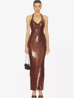 Robe de soirée longue à sequins scintillants pour femme - Robe moulante marron dos nu - Soirée de gala d'été 2026