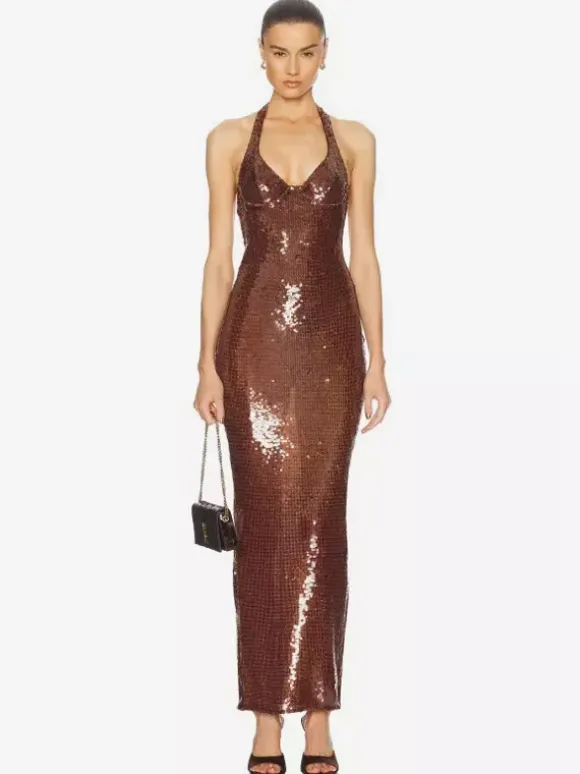 Robe de soirée longue à sequins scintillants pour femme - Robe moulante marron dos nu - Soirée de gala d'été 2026