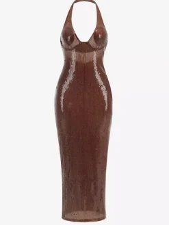 Robe de soirée longue à sequins scintillants pour femme - Robe moulante marron dos nu - Soirée de gala d'été 2026