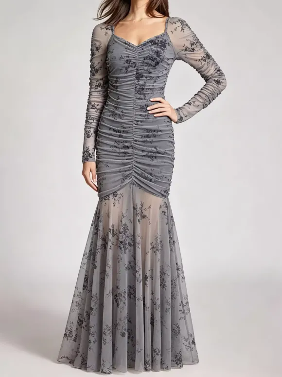 Robe de soirée maxi abricot clair col montant manches longues plissées imprimée style décontracté