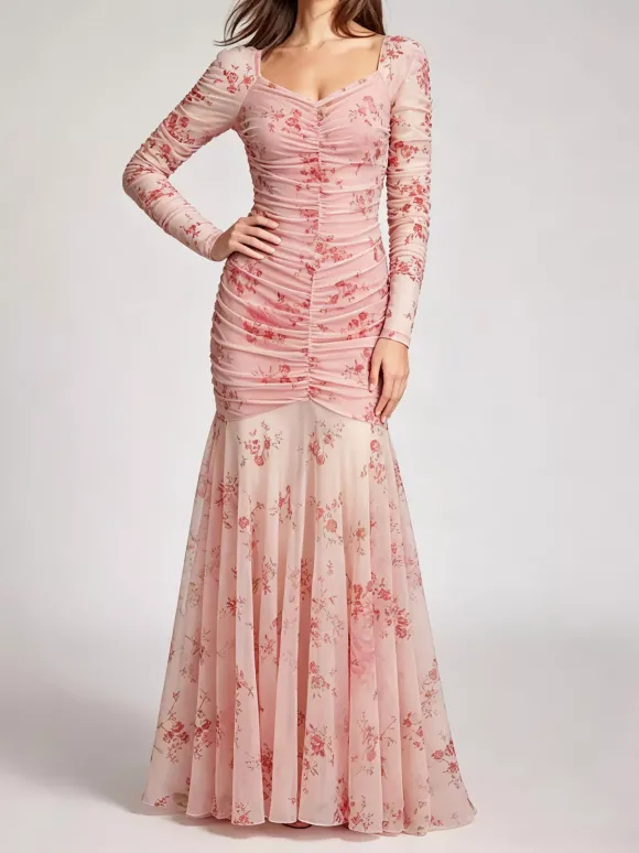 Robe de soirée maxi abricot clair col montant manches longues plissées imprimée style décontracté