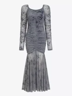 Robe de soirée maxi abricot clair col montant manches longues plissées imprimée style décontracté