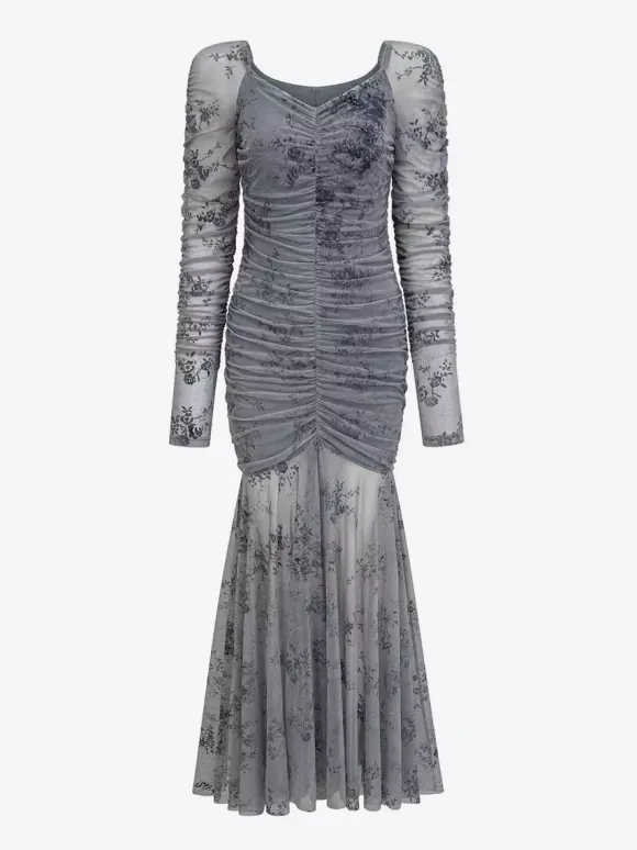 Robe de soirée maxi abricot clair col montant manches longues plissées imprimée style décontracté