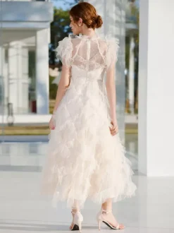 Robe de soirée maxi abricot à col montant sans manches à volants élégante et semi-formelle