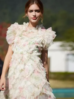 Robe de soirée maxi abricot à col montant sans manches à volants élégante et semi-formelle