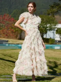 Robe de soirée maxi abricot à col montant sans manches à volants élégante et semi-formelle
