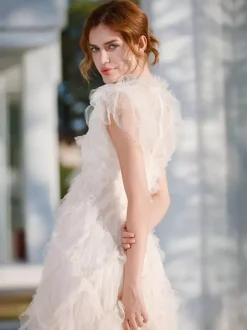 Robe de soirée maxi abricot à col montant sans manches à volants élégante et semi-formelle