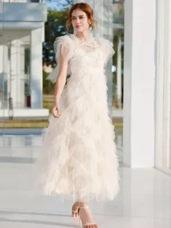 Robe de soirée maxi abricot à col montant sans manches à volants élégante et semi-formelle