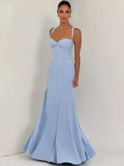 Robe de soirée maxi beige dos nu plissée sans manches style chic semi-formel