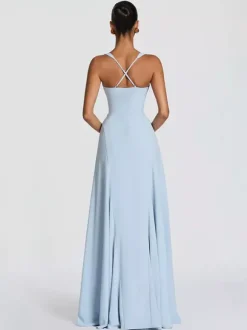 Robe de soirée maxi beige dos nu plissée sans manches style chic semi-formel