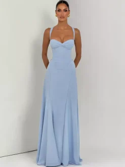 Robe de soirée maxi beige dos nu plissée sans manches style chic semi-formel