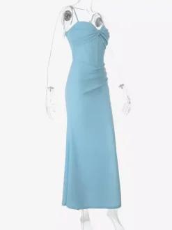 Robe de soirée maxi bleu ciel clair à bretelles décolleté haut et fente sexy robe sirène