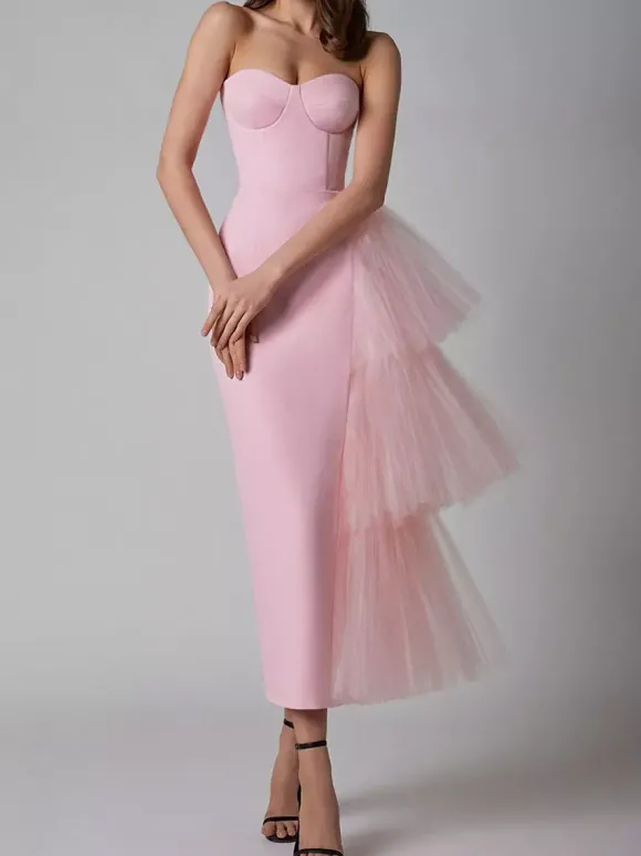 Robe de soirée maxi bleue sans bretelles fermeture éclair dos nu élégante et semi-formelle