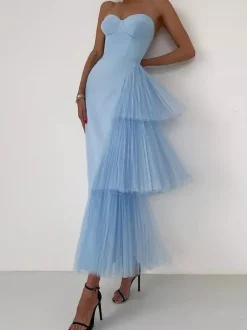 Robe de soirée maxi bleue sans bretelles fermeture éclair dos nu élégante et semi-formelle