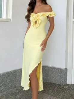 Robe de soirée maxi jaune à épaules dénudées volants sans manches coupe ajustée sexy et semi-formelle