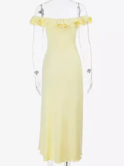 Robe de soirée maxi jaune à épaules dénudées volants sans manches coupe ajustée sexy et semi-formelle