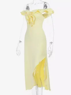Robe de soirée maxi jaune à épaules dénudées volants sans manches coupe ajustée sexy et semi-formelle