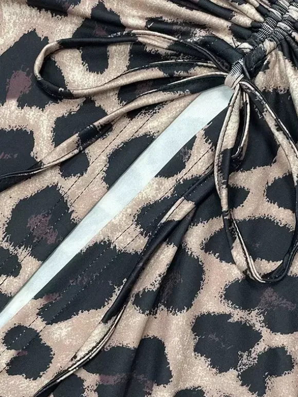 Robe de soirée maxi léopard à bretelles et col plissé sans manches élégante et semi-formelle