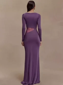Robe de soirée maxi moulante à manches longues fente haute et découpes latérales en résille collection 2026