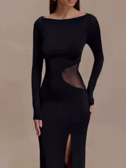 Robe de soirée maxi moulante à manches longues fente haute et découpes latérales en résille collection 2026