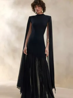Robe de soirée maxi noire à col rond sans manches chic et semi-formelle