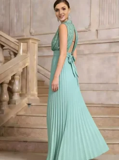 Robe de soirée maxi plissée à col montant et sequins sans manches avec n艙ud dans le dos
