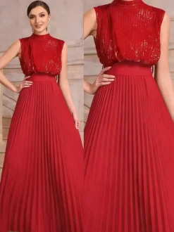 Robe de soirée maxi plissée à col montant et sequins sans manches avec n艙ud dans le dos
