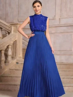 Robe de soirée maxi plissée à col montant et sequins sans manches avec n艙ud dans le dos