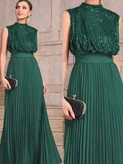 Robe de soirée maxi plissée à col montant et sequins sans manches avec n艙ud dans le dos