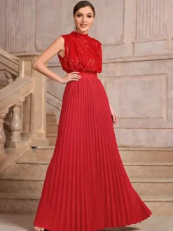 Robe de soirée maxi plissée à col montant et sequins sans manches avec n艙ud dans le dos