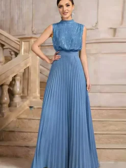Robe de soirée maxi plissée à col montant et sequins sans manches avec n艙ud dans le dos
