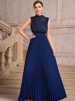Robe de soirée maxi plissée à col montant et sequins sans manches avec n艙ud dans le dos