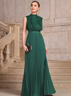Robe de soirée maxi plissée à col montant et sequins sans manches avec n艙ud dans le dos