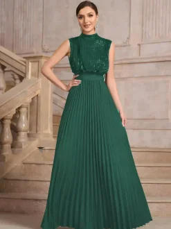 Robe de soirée maxi plissée à col montant et sequins sans manches avec n艙ud dans le dos