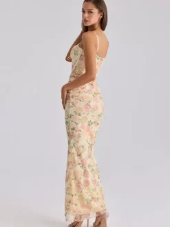 Robe de soirée maxi rose à bretelles col sans manches imprimée sexy semi-formelle