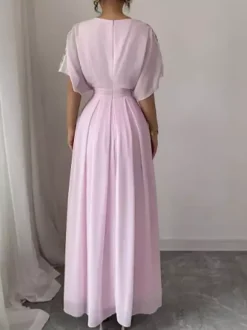 Robe de soirée maxi rose à col rond et volants manches mi-longues style chic semi-formel