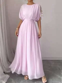 Robe de soirée maxi rose à col rond et volants manches mi-longues style chic semi-formel