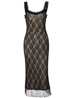 Robe de soirée midi noire à bretelles col en dentelle imprimé floral dos nu chic et semi-formelle