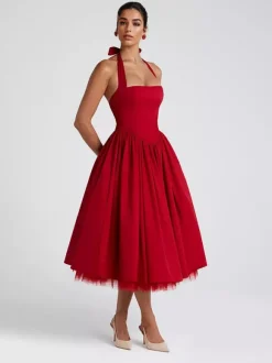 Robe de soirée mi-longue rose pâle à dos nu et coupe trapèze pour femme 2026