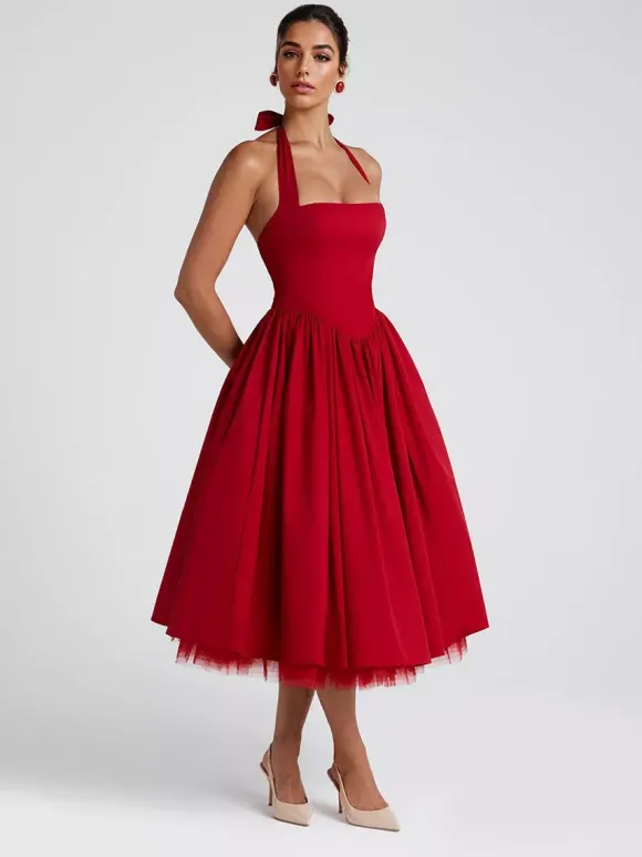Robe de soirée mi-longue rose pâle à dos nu et coupe trapèze pour femme 2026