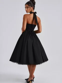 Robe de soirée mi-longue rose pâle à dos nu et coupe trapèze pour femme 2026