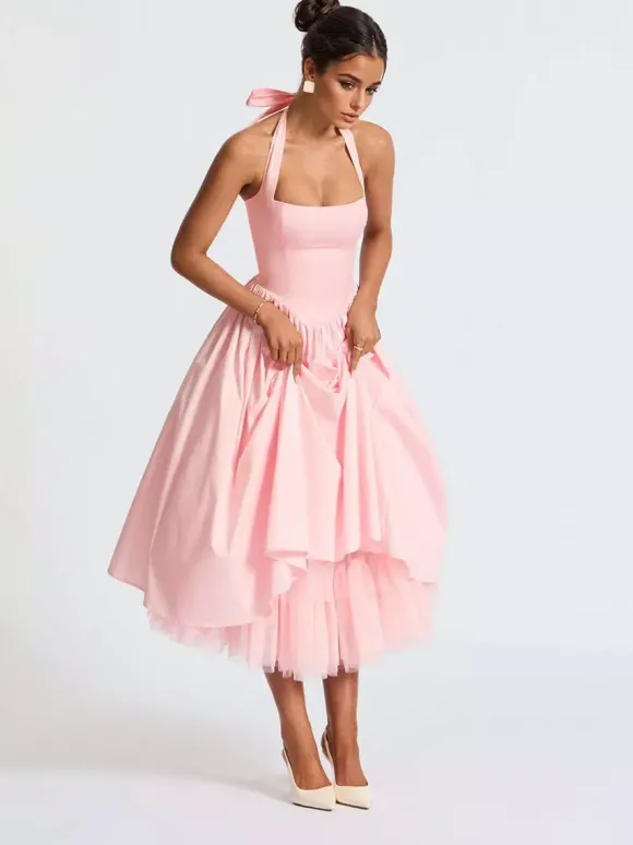 Robe de soirée mi-longue rose pâle à dos nu et coupe trapèze pour femme 2026