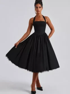 Robe de soirée mi-longue rose pâle à dos nu et coupe trapèze pour femme 2026