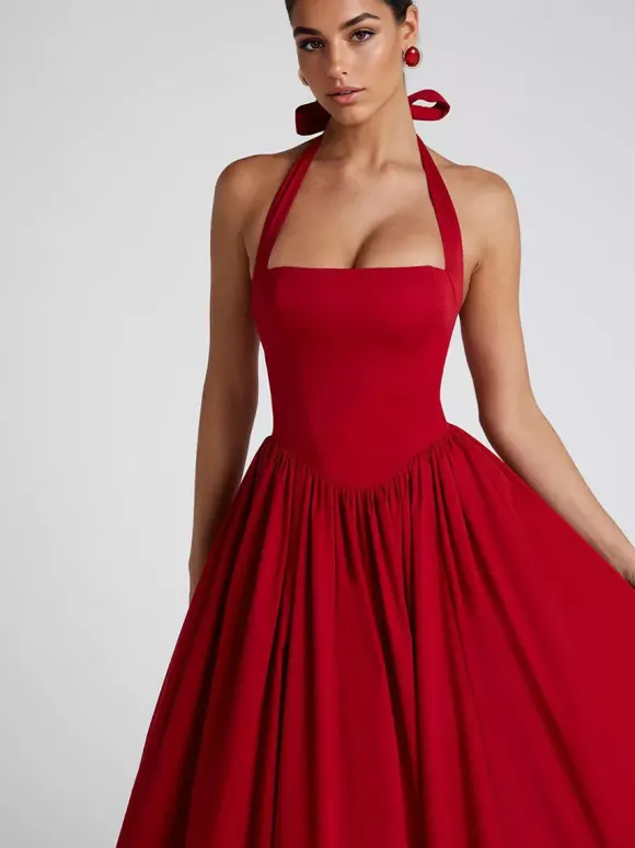 Robe de soirée mi-longue rose pâle à dos nu et coupe trapèze pour femme 2026