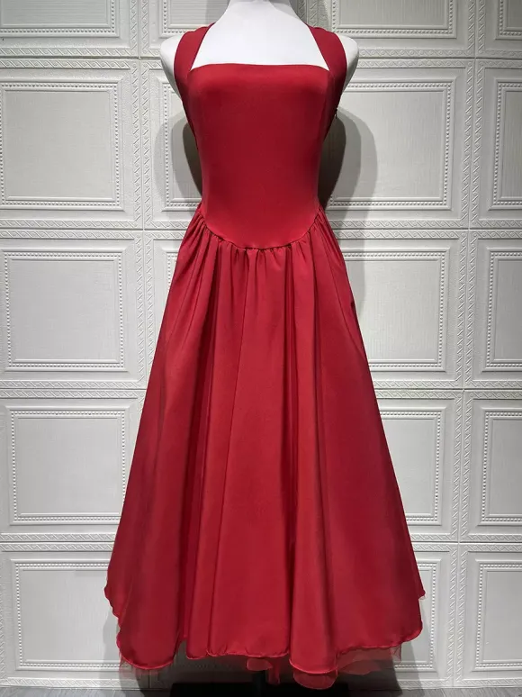 Robe de soirée mi-longue rose pâle à dos nu et coupe trapèze pour femme 2026