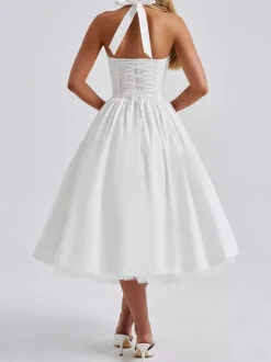 Robe de soirée mi-longue rose pâle à dos nu et coupe trapèze pour femme 2026