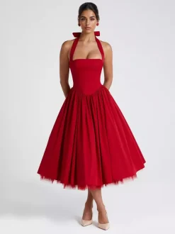 Robe de soirée mi-longue rose pâle à dos nu et coupe trapèze pour femme 2026