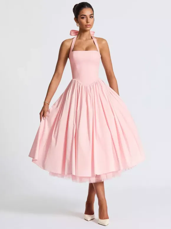 Robe de soirée mi-longue rose pâle à dos nu et coupe trapèze pour femme 2026